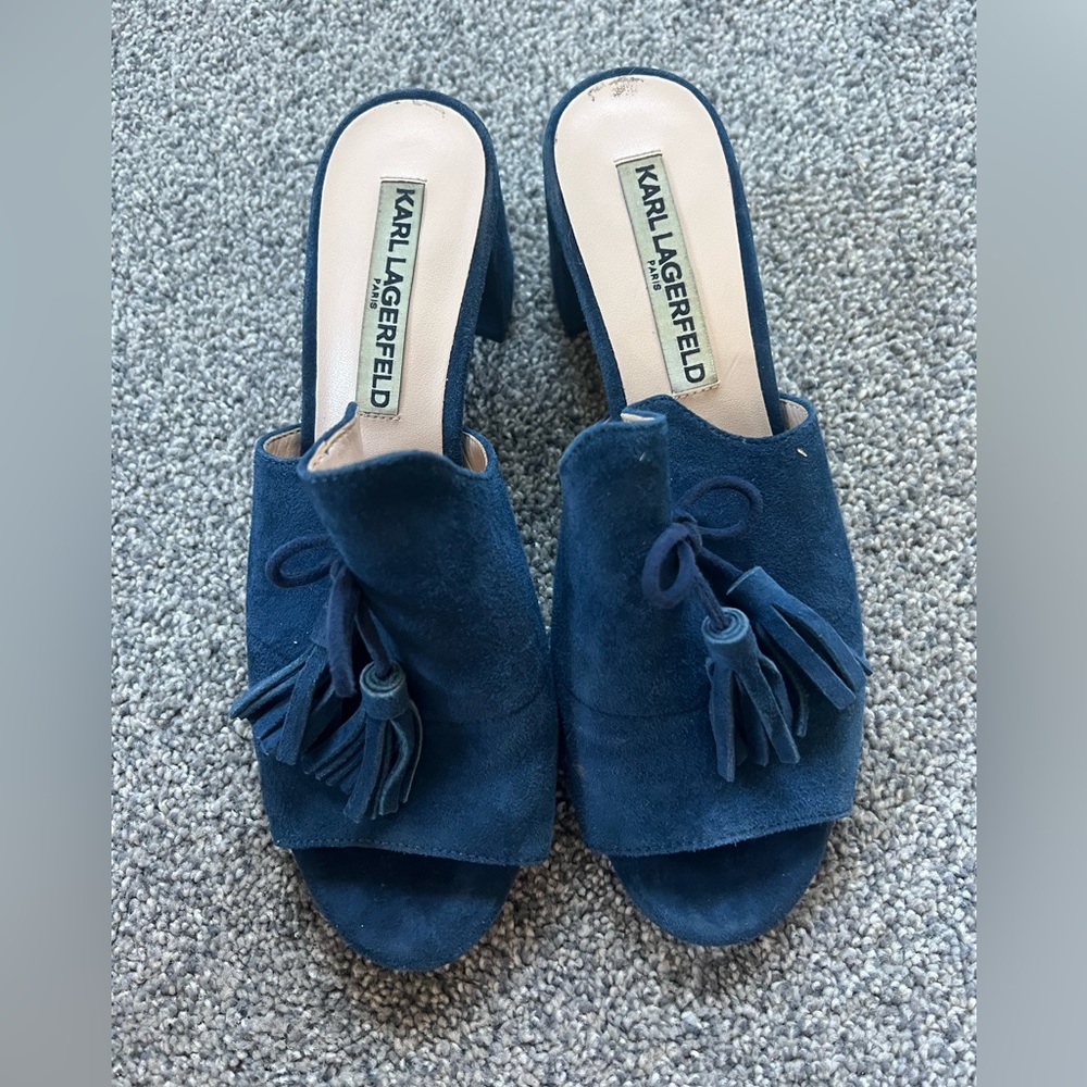 Women’s Karl Lagerfeld Suede Tassel Accents Heel Slides in Blue in Size 6.5 - Picture 5 of 8